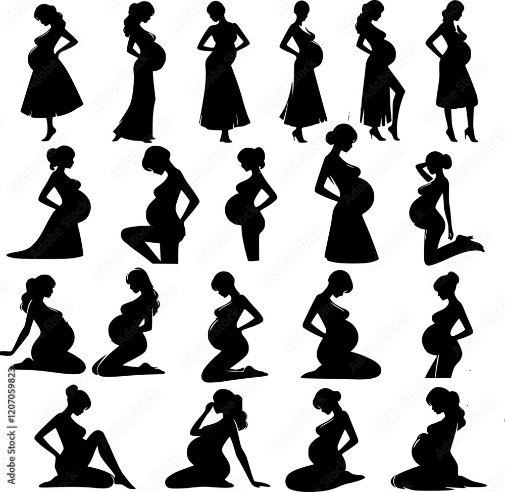 A collection of black silhouette illustrations of pregnant women in different poses and clothing styles. A collection of black silhouette illustrations of pregnant women in different poses and clothing styles.
