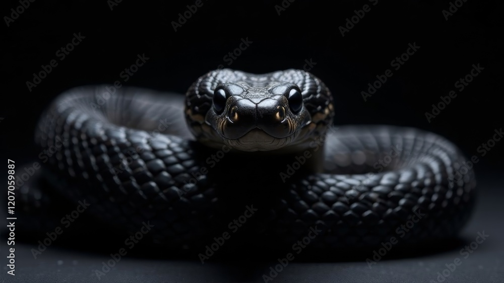 Naklejka premium black dangerous snake looking at camera on dark background