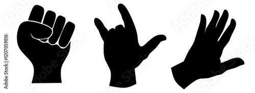 A series of black hand gestures on a white background. Silhouette of palm, thumbs up and rock and roll symbol. Creative abstraction with movement.