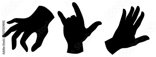 A series of black hand gestures on a white background. Silhouette of palm, thumbs up and rock and roll symbol. Creative abstraction with movement.
