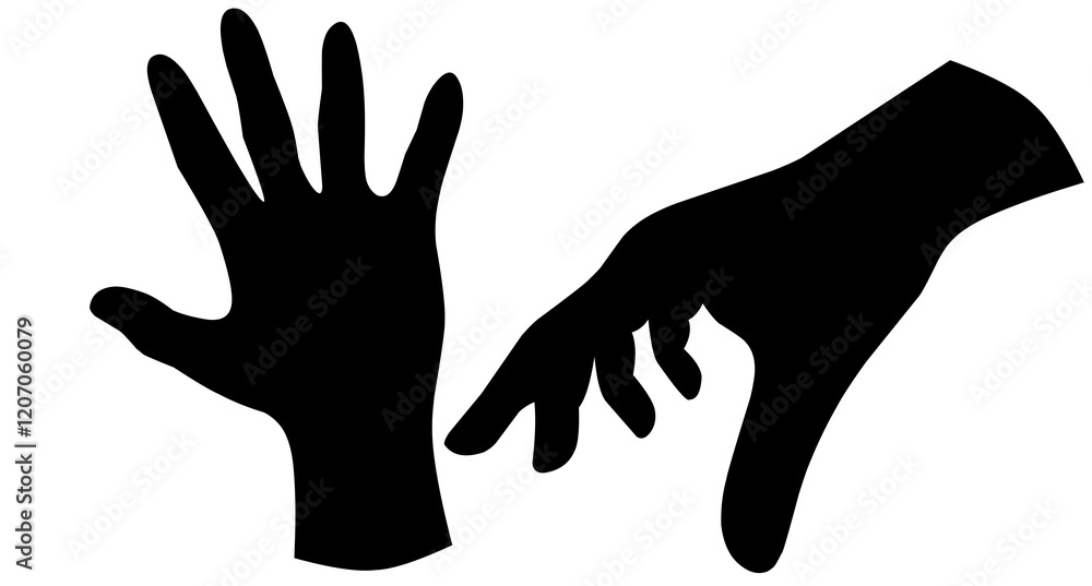 A series of black hand gestures on a white background. Silhouette of palm, thumbs up and rock and roll symbol. Creative abstraction with movement. A series of black hand gestures on a white background. Silhouette of palm, thumbs up and rock and roll symbol. Creative abstraction with movement.
