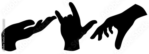 A series of black hand gestures on a white background. Silhouette of palm, thumbs up and rock and roll symbol. Creative abstraction with movement.