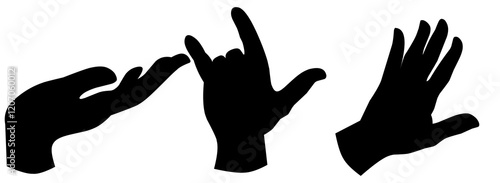 A series of black hand gestures on a white background. Silhouette of palm, thumbs up and rock and roll symbol. Creative abstraction with movement.