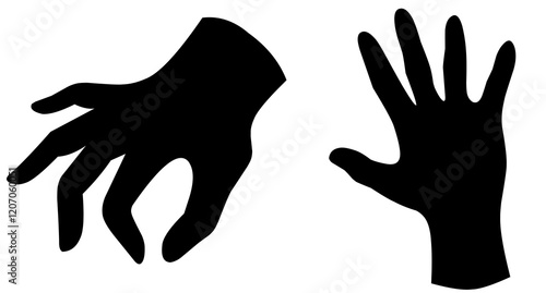 A series of black hand gestures on a white background. Silhouette of palm, thumbs up and rock and roll symbol. Creative abstraction with movement.