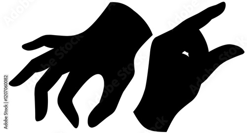 A series of black hand gestures on a white background. Silhouette of palm, thumbs up and rock and roll symbol. Creative abstraction with movement.