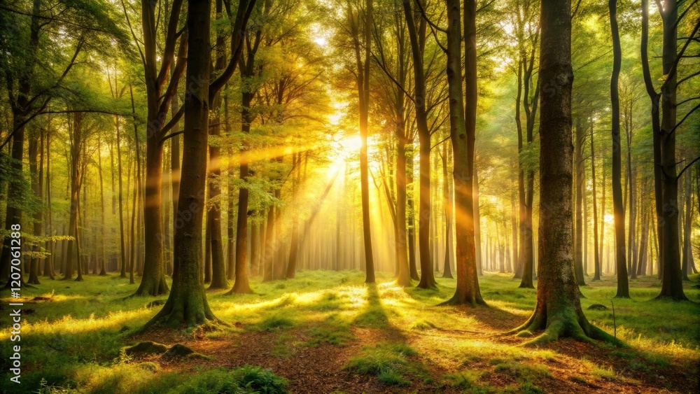 Fototapeta premium A tranquil forest bathed in golden light awaits the coming night with an air of mystery and intrigue, landscape, mysterious, golden light, nocturnal, forest