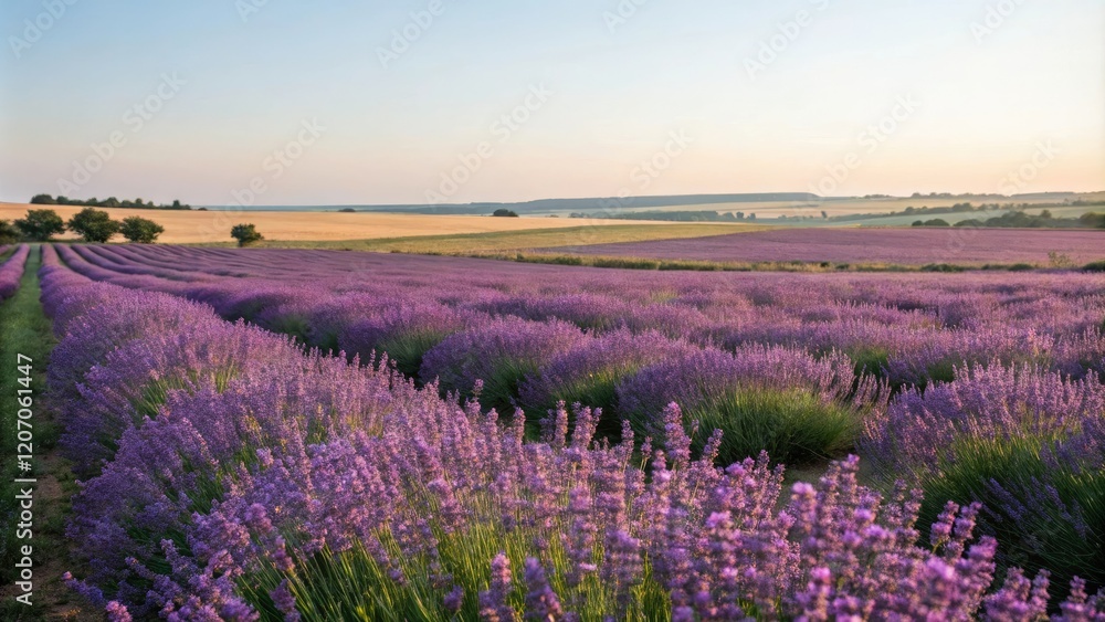 Obraz premium A tranquil meadow filled with vibrant purple lavender swaying gently in the breeze, nature photography, floral arrangement, countryside scenery, meadow scene, blooming flowers