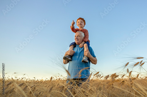 Grandfather carrying grandson on shoulder in field under blue sky