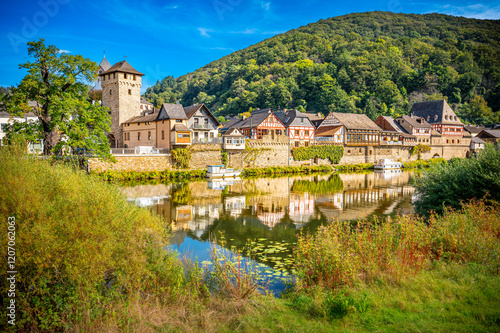 Scenic view of Dausenau village by the Lahn river in Rhineland-Palatinate, Germany photo