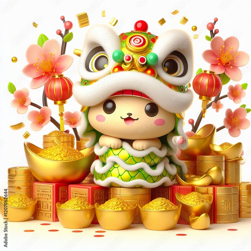Obraz premium Adorable cartoon snake in a lion dance costume, surrounded by gold ingots and cherry blossoms. Chinese New Year theme