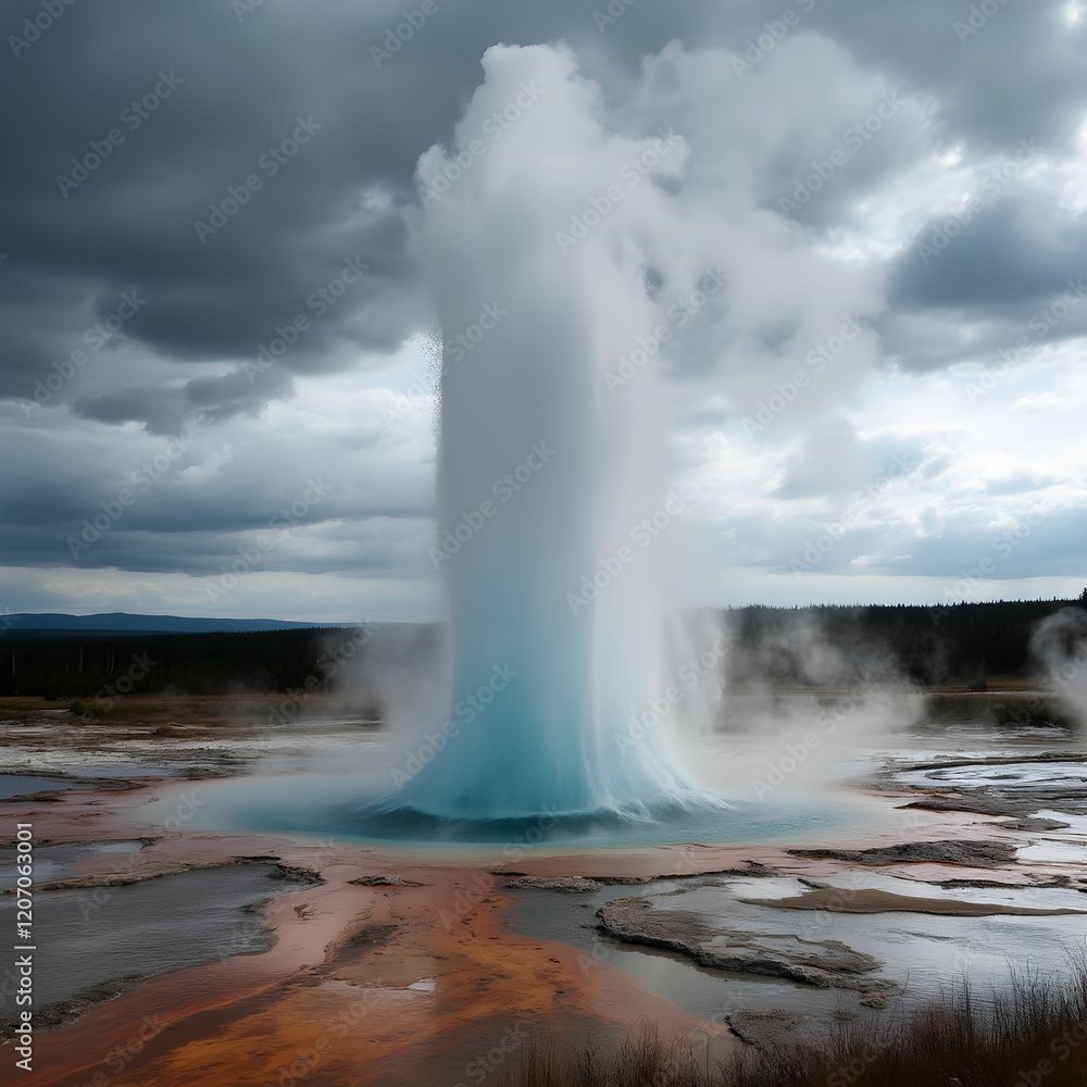 Geyser Erupting Under Dramatic Cloudy Sky Geyser Erupting Under Dramatic Cloudy Sky