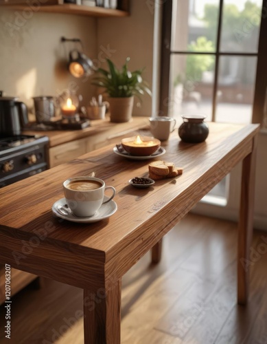 Wallpaper Mural A warm and inviting coffee scene unfolds as a cup sits on a wooden console table in the kitchen, morning, rustic, furniture Torontodigital.ca