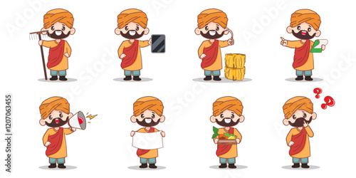 Set of indian man farmer character working in the farm. Vector premium character.