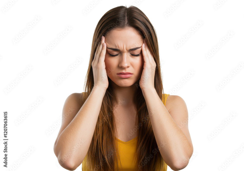 Young woman with long brown hair, holding her head with both hands, appearing stressed or in pain, wearing a sleeveless yellow top, isolated on white background Young woman with long brown hair, holding her head with both hands, appearing stressed or in pain, wearing a sleeveless yellow top, isolated on white background