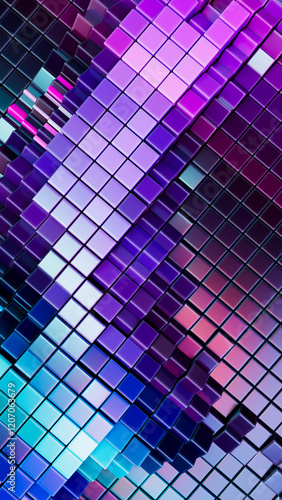 3D render of neon colored cubes in an abstract geometric pattern