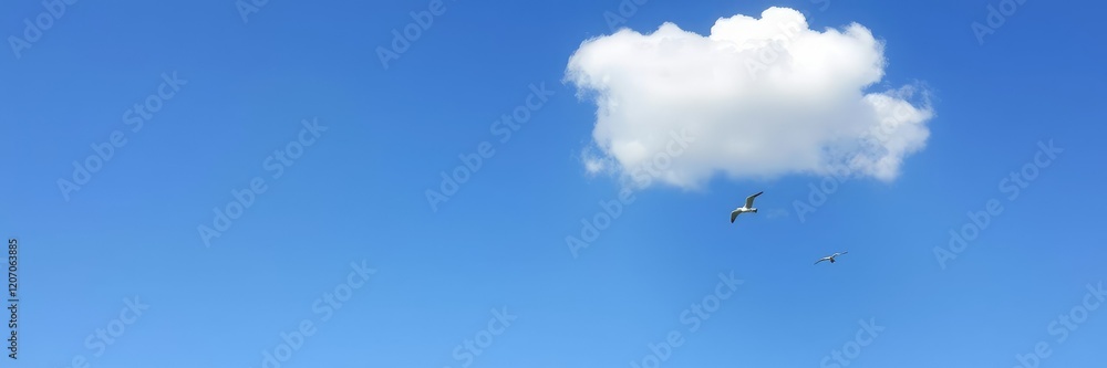 A white cloud formation against a bright and clear blue sky with a few birds flying in the distance, structure, flight A white cloud formation against a bright and clear blue sky with a few birds flying in the distance, structure, flight