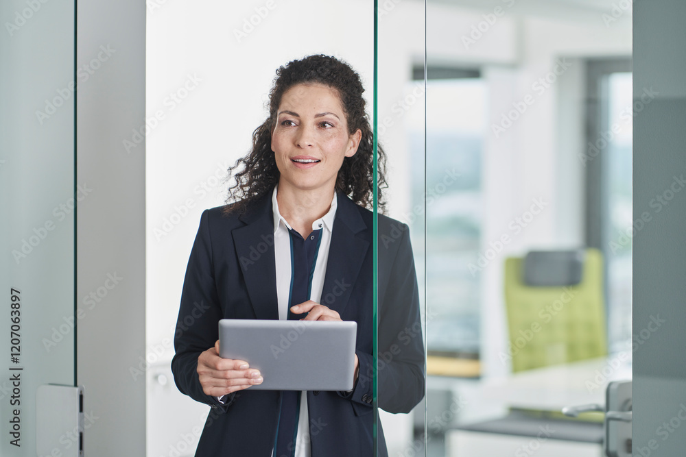 Smiling businesswoman standing with tablet PC in office doorway Smiling businesswoman standing with tablet PC in office doorway