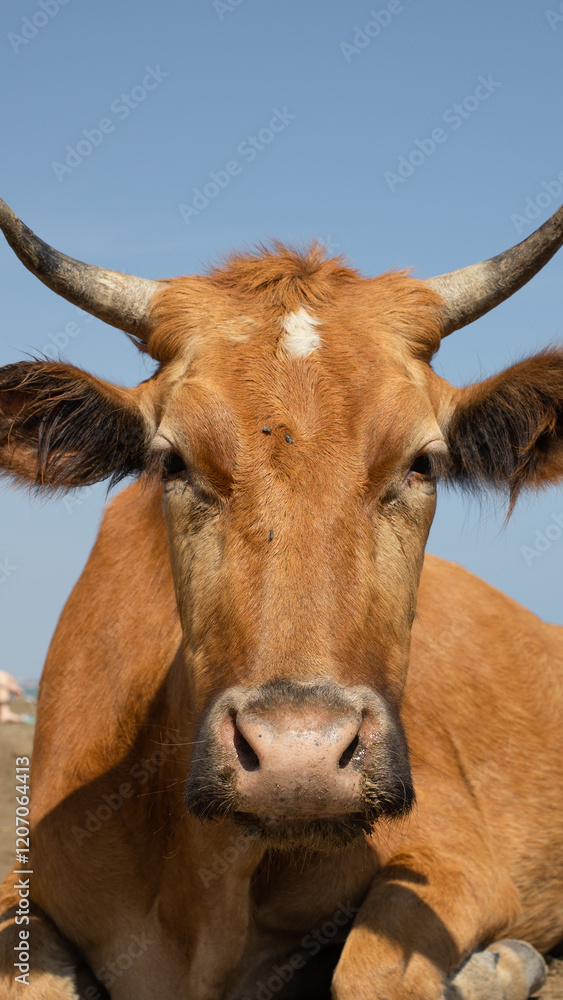 Red cow chewing grass, close-up, sunny day and blue sky Red cow chewing grass, close-up, sunny day and blue sky