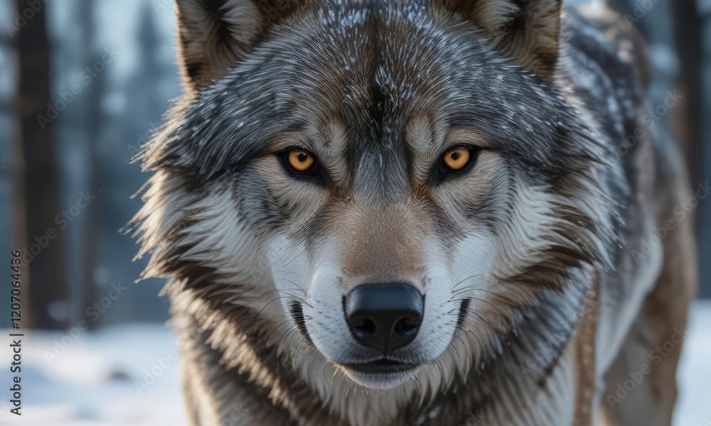 Obraz premium A wolf's snout with icy breath visible in the cold winter air, wildlife photography, snowflakes, wolf snout