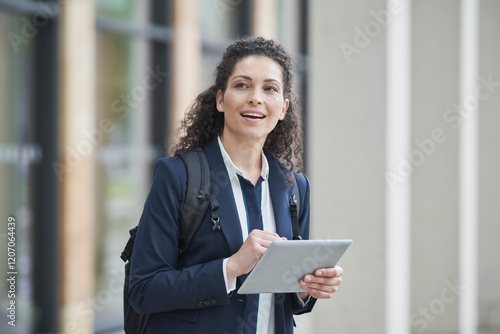 Happy curly haired businesswoman with tablet PC near building photo