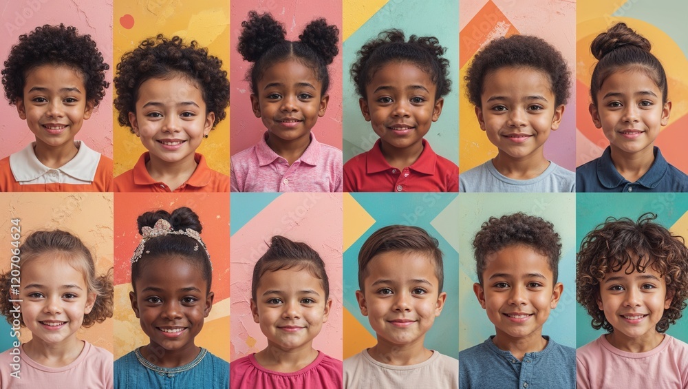 Portrait collage of children with diverse expressions and colorful backgrounds Portrait collage of children with diverse expressions and colorful backgrounds