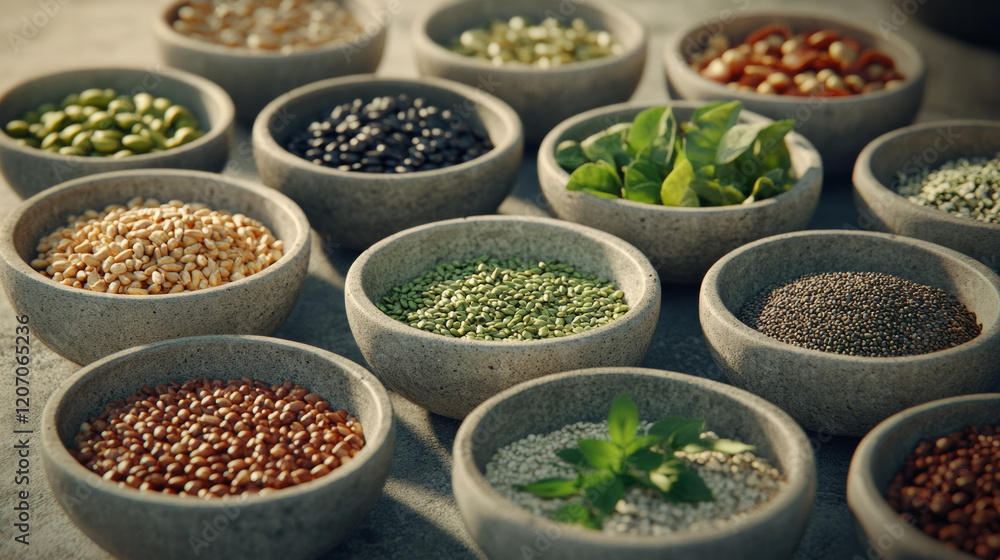 Artistic arrangement of bowls filled with various seeds, grains, and herbs, showcasing vibrant and natural display. Perfect for culinary or health related themes Artistic arrangement of bowls filled with various seeds, grains, and herbs, showcasing vibrant and natural display. Perfect for culinary or health related themes