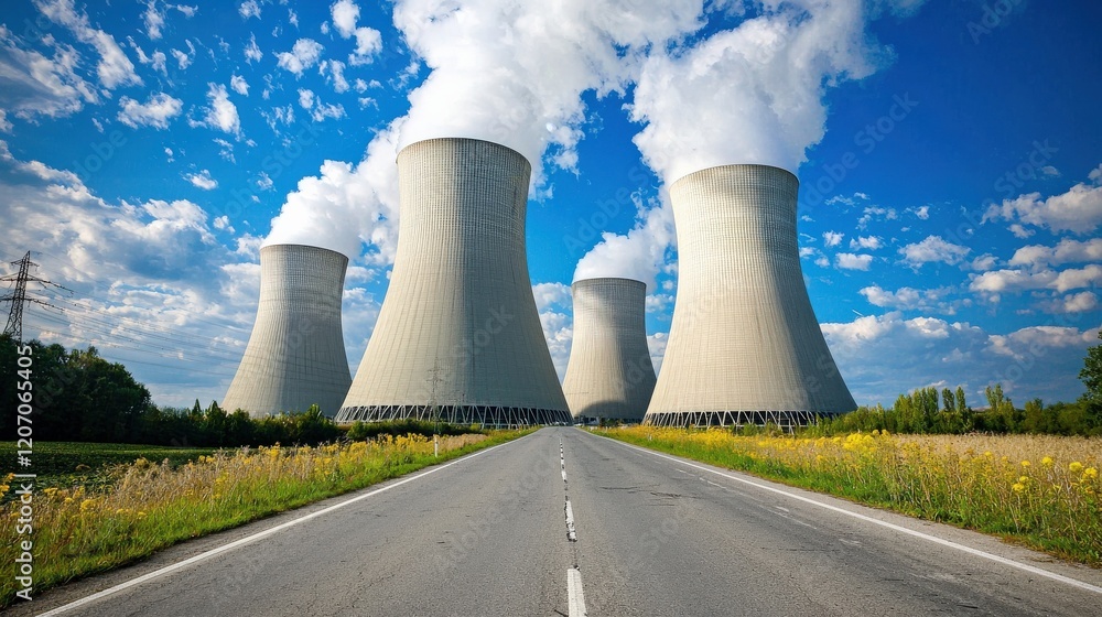 A power station with massive cooling towers releasing steam into the atmosphere A power station with massive cooling towers releasing steam into the atmosphere