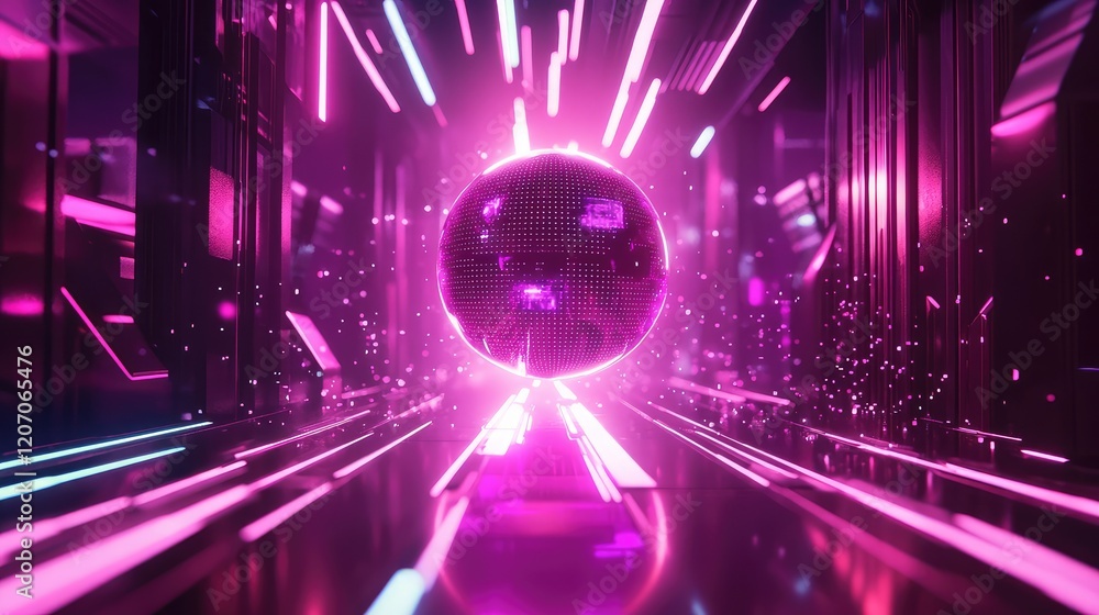Fototapeta premium Digital holographic AI sphere glowing in vibrant patterns, surrounded by particle effects and futuristic light trails