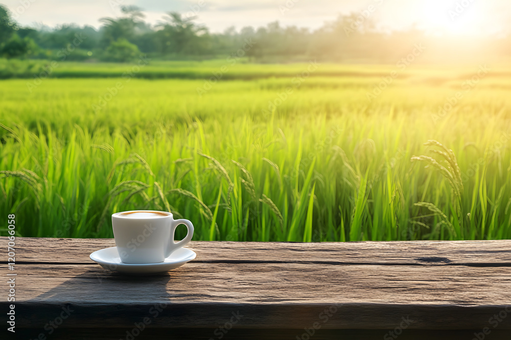 rustic wooden counter featuring a coffee cup, rice plants swaying gently in the breeze, with the sun casting warm glow over golden fields, evoking serene and tranquil rural morning. rustic wooden counter featuring a coffee cup, rice plants swaying gently in the breeze, with the sun casting warm glow over golden fields, evoking serene and tranquil rural morning.