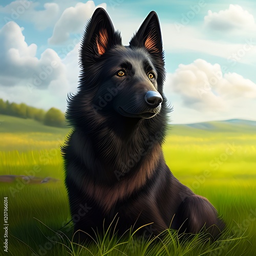 Drawing of a black adult Groenendael dog relaxing on a lush green grass field, portrait style photo