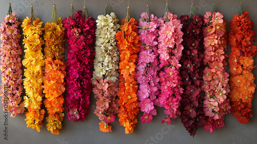 Colorful Collection of Traditional Floral Garlands meticulously displayed in an elegant, symmetrical line-up. Suitable for marketing or business purposes photo