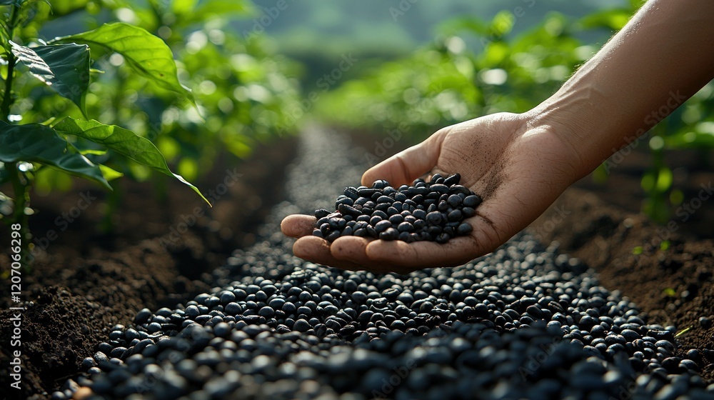 Agriculture: Handful of Black Beans in a Lush Field