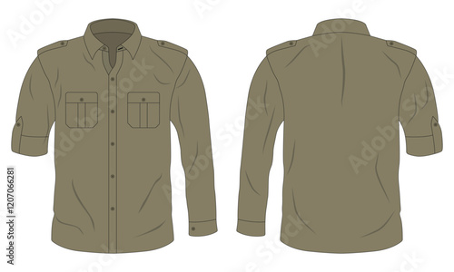 Military shirt mockup, button down formal shirt, long sleeve work shirt front and back view