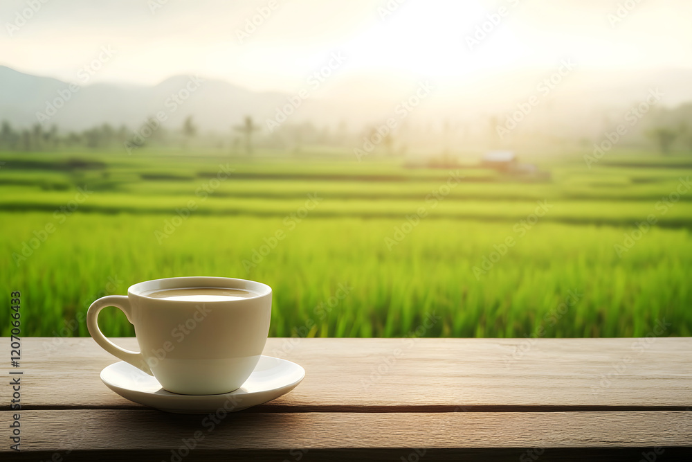 coffee cup resting on wooden counter with lush green rice fields extending toward distant horizon, bathed in soft morning light, capturing serene and tranquil countryside atmosphere. coffee cup resting on wooden counter with lush green rice fields extending toward distant horizon, bathed in soft morning light, capturing serene and tranquil countryside atmosphere.