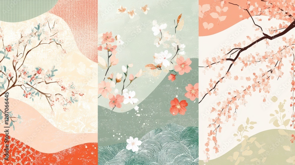 Fototapeta premium Light pastel kimonoinspired patterns with floral and geometric elements, soft and luxurious texture