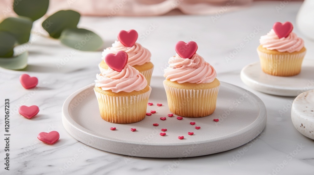 Delicious cupcakes with pink frosting and heart-shaped decorations, beautifully arranged on a minimalist plate. Delicious cupcakes with pink frosting and heart-shaped decorations, beautifully arranged on a minimalist plate.