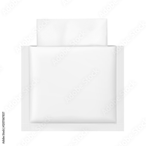 Open sachet bag mockup for single wet wipe. Vector illustration isolated on white background. Flat lay view. Can be use for template your design, presentation, promo, ad. EPS10.