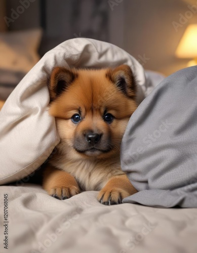 Wallpaper Mural Adorable Eurasier puppy peeking out from behind a pillow, adorable, Eurasier Torontodigital.ca