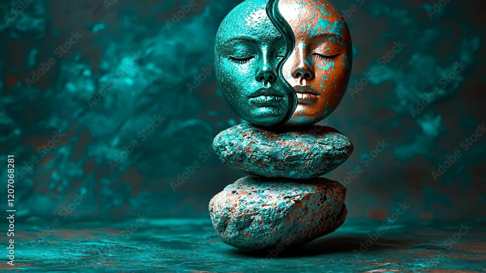 Intricate sculpture of dual faces balancing on stones in a vivid display of artistry and emotion Intricate sculpture of dual faces balancing on stones in a vivid display of artistry and emotion