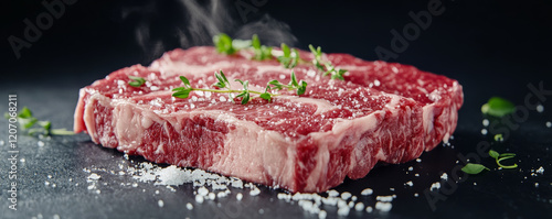 Fresh dry aged porterhouse steak with herbs and salt