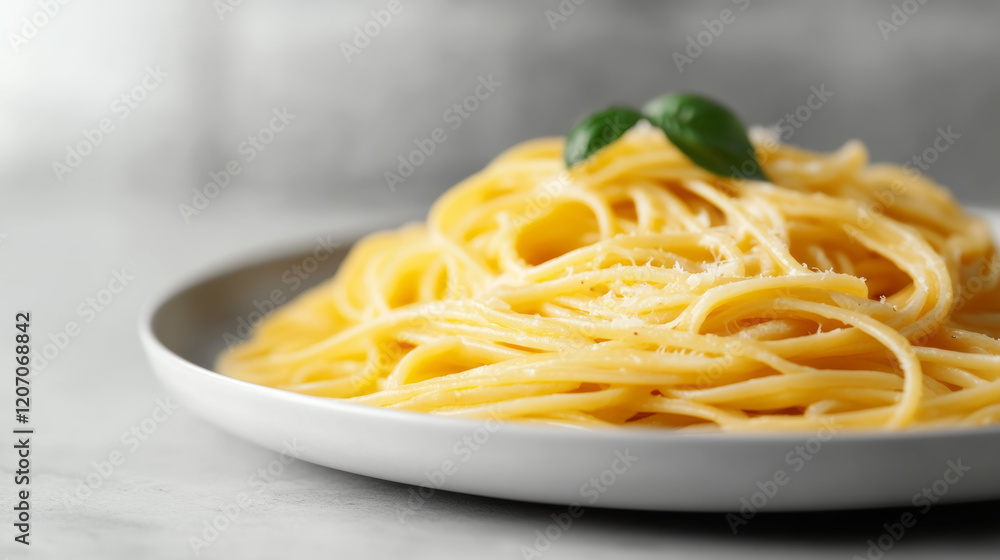 Delicious pasta dish with golden strands topped with fresh basil and cheese, perfect for comforting meal Delicious pasta dish with golden strands topped with fresh basil and cheese, perfect for comforting meal