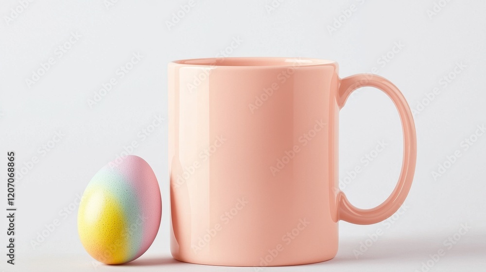 Mug mock up with an Easter design concept. Pink mug next to a colorful Easter egg on a minimalist background Mug mock up with an Easter design concept. Pink mug next to a colorful Easter egg on a minimalist background