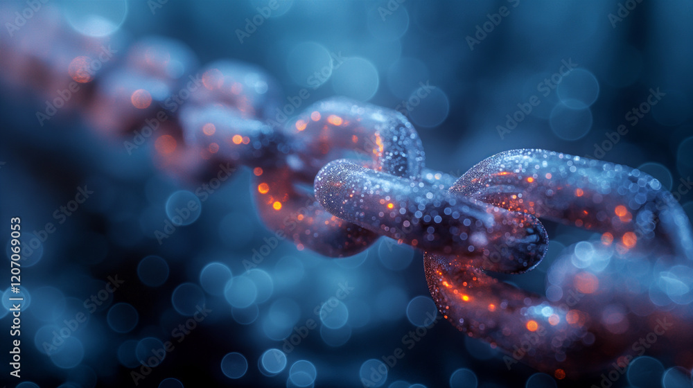 Digital chain link glowing with light against dark background. Generative AI Digital chain link glowing with light against dark background. Generative AI