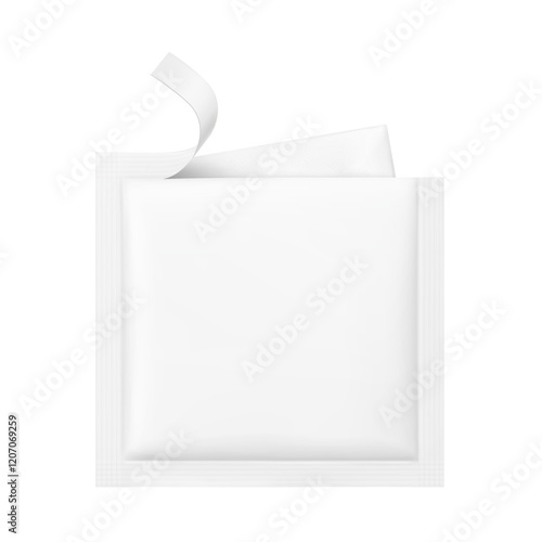 Torn sachet bag mockup for single wet wipe. Vector illustration isolated on white background. Flat lay view. Can be use for template your design, presentation, promo, ad. EPS10.