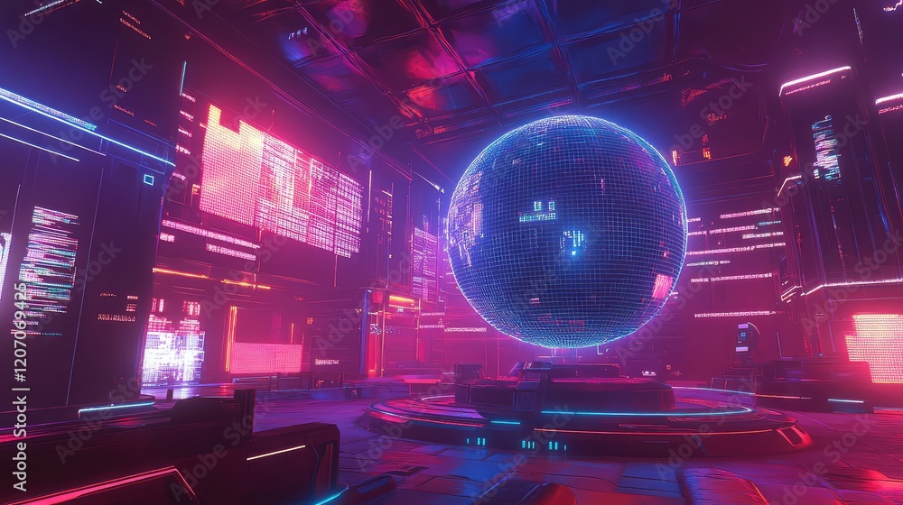 Glowing holographic sphere surrounded by futuristic data streams and dynamic grids in a high-tech environment Glowing holographic sphere surrounded by futuristic data streams and dynamic grids in a high-tech environment