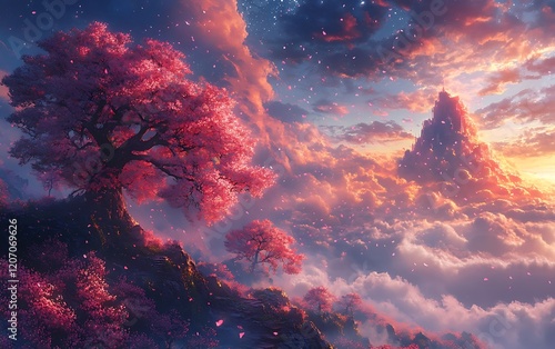 Pink Blossom Tree Hillside Painting, Serene Sky