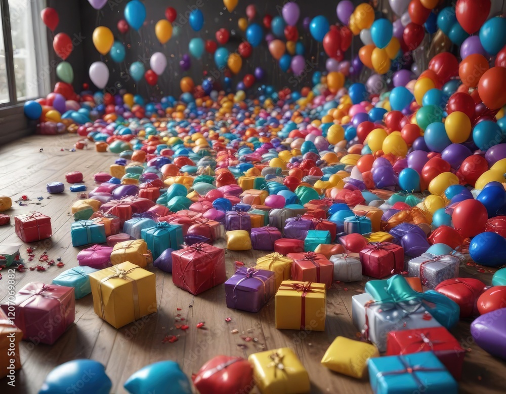 Obraz premium A sprawling sea of unwrapped gifts on the floor with some balloons nearby, unwrapped presents, colorful decorations