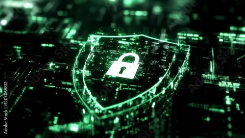 Green image of a lock with a key on it. The lock is on a computer screen