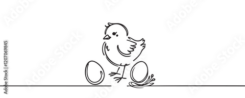 Easter chick and egg, one line drawing. vector illustration