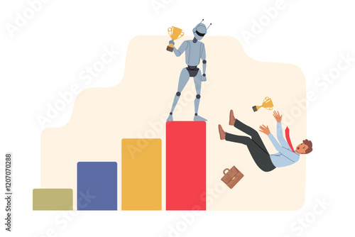 Staff layoffs caused by introduction of robot, show man falling from chart with humanoid cyborg on top. Robot with artificial intelligence displaced clerk due to its high productivity